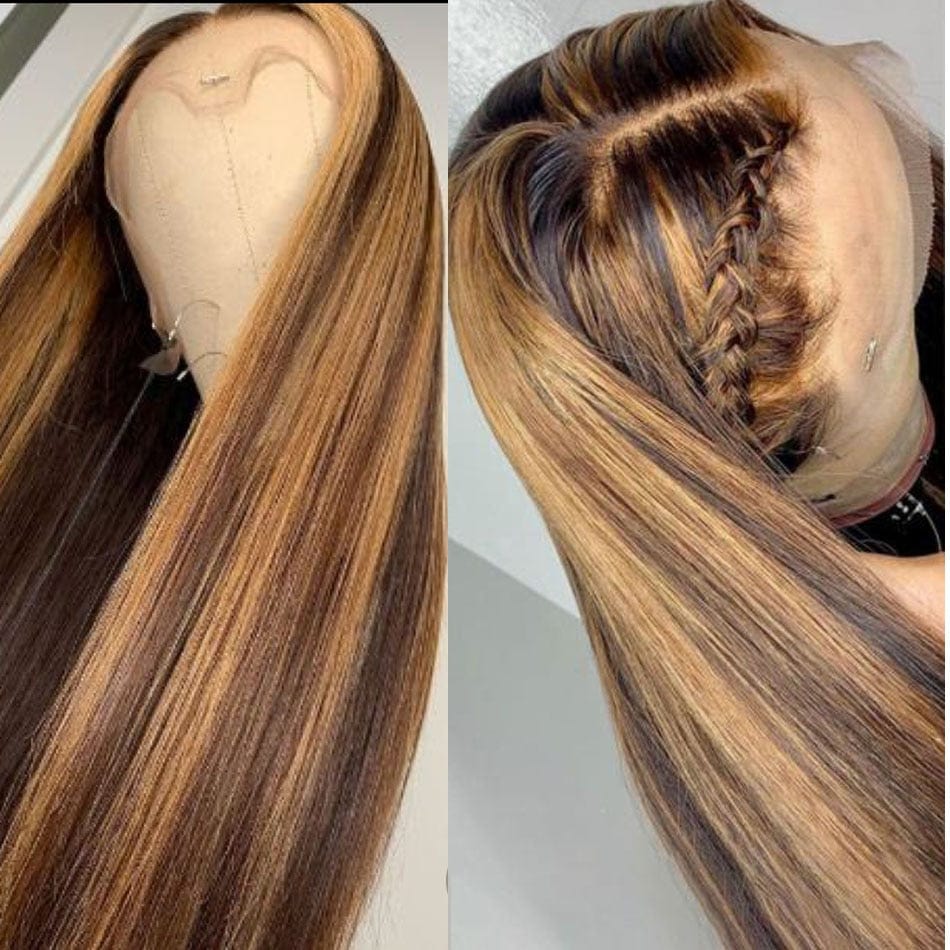 Zetvaa 4/30HL / 20inches / 150 Density 360 Wig 360 Lace Frontal Wig Pre Plucked 13x6 Lace Front Human Hair Wig Brazilian Remy Straight Colored Blonde Highlight Wigs