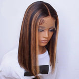 Zetvaa Black With Brown Highlight Wig T Part Lace Human Hair Transparent Lace Wig Bleached Knots For Black Women Remy 13x1 150