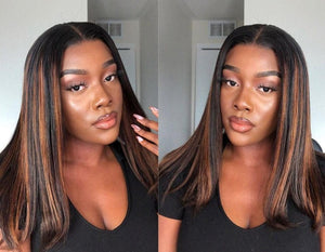 Zetvaa Black With Brown Highlight Wig T Part Lace Human Hair Transparent Lace Wig Bleached Knots For Black Women Remy 13x1 150