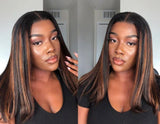 Zetvaa Black With Brown Highlight Wig T Part Lace Human Hair Transparent Lace Wig Bleached Knots For Black Women Remy 13x1 150