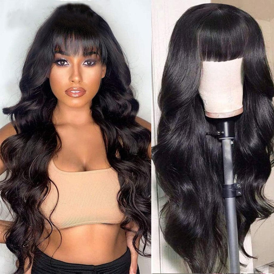 Zetvaa Body Wave Human Hair Wigs With Bangs Brazilian 30 Inch Full Machine Made Wig With Bang Long Natural Remy Human Hair For Women