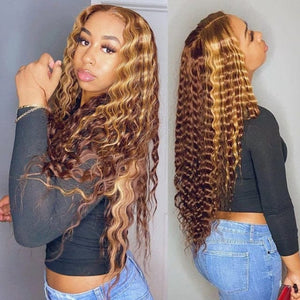 Zetvaa Curly Human Hair Wig Honey Blonde Ombre 13x1 Brazilian Brown Color Deep Water Wave Hd Frontal Highlight Bob Lace Front Wigs