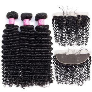 Zetvaa Hair Bundles 12 & 14 & 16 & Closure 10 / Natural Color Human Hair Bundles With Closure 13*4 Pre Plucked Lace Frontal Closure Remy Malaysian Deep Wave Bundles With Frontal