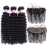Zetvaa Hair Bundles 12 & 14 & 16 & Closure 10 / Natural Color Human Hair Bundles With Closure 13*4 Pre Plucked Lace Frontal Closure Remy Malaysian Deep Wave Bundles With Frontal