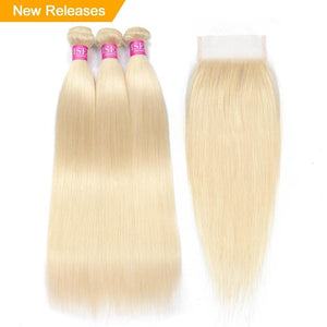 Zetvaa Hair Bundles 16 & 18 & 20 & Closure 14 / #613 / Free Part Straight 613 Bundles With Closure 3 Bundles Brazilian Hair Weave Bundles Virgin Human Hair Blonde Bundles With Closure