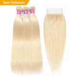 Zetvaa Hair Bundles 16 & 18 & 20 & Closure 14 / #613 / Free Part Straight 613 Bundles With Closure 3 Bundles Brazilian Hair Weave Bundles Virgin Human Hair Blonde Bundles With Closure