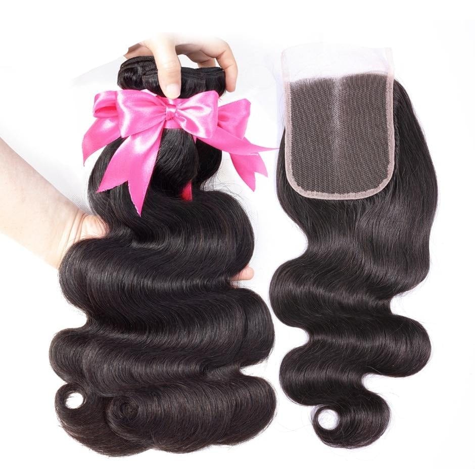 Zetvaa Hair Bundles 16 & 18 & 20 & Closure 14 / Free Part Human Hair Bundles With Closure 3 Bundles Body Wave With Closure Swiss Lace Hair Extension Remy Indian Hair With Closure