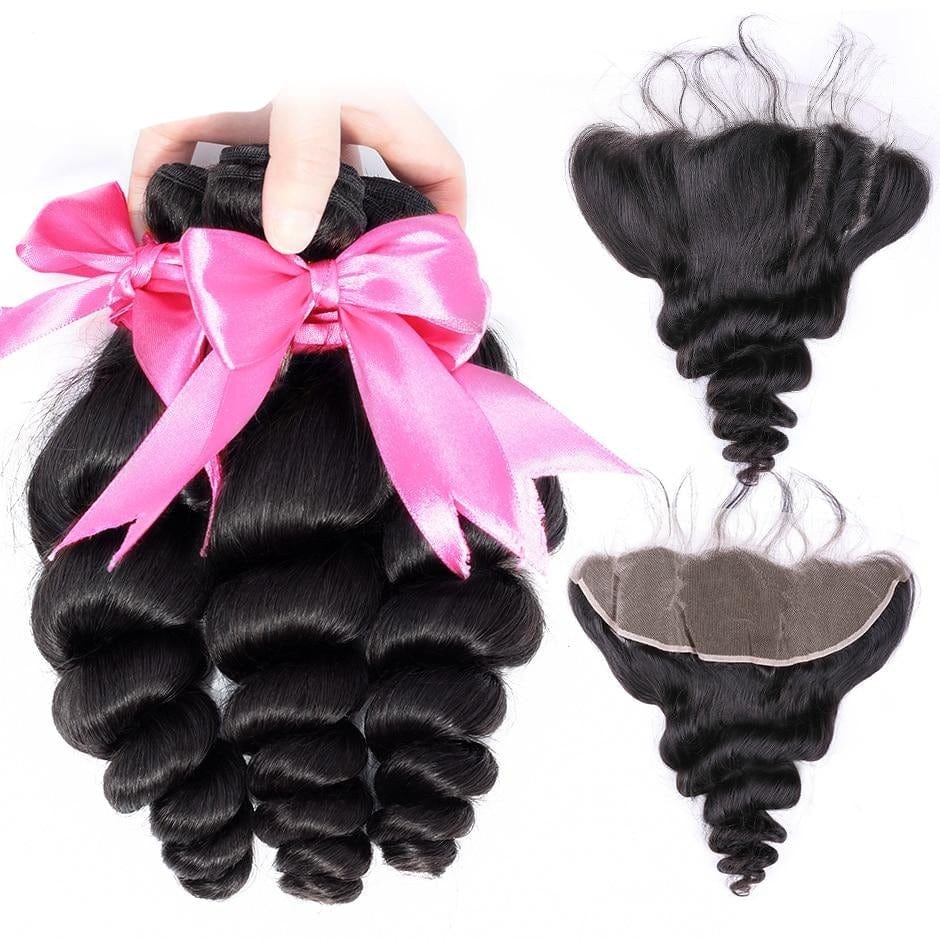 Zetvaa Hair Bundles 16 & 18 & 20 & Closure 14 / Natural Color Human Hair Bundles With Frontal 13*4 Pre Plucked Lace Frontal Remy Peruvian Loose Wave Bundles With Frontal