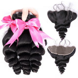 Zetvaa Hair Bundles 16 & 18 & 20 & Closure 14 / Natural Color Human Hair Bundles With Frontal 13*4 Pre Plucked Lace Frontal Remy Peruvian Loose Wave Bundles With Frontal