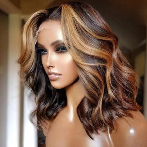 Zetvaa Highlight  bob wig / 12inches / CN, 180% Highlight Wig Human Hair Wigs Short Bob Wig For Black Women T Part Brazilian Pre Plucked With Baby Hair Body Wave Lace Front Wig