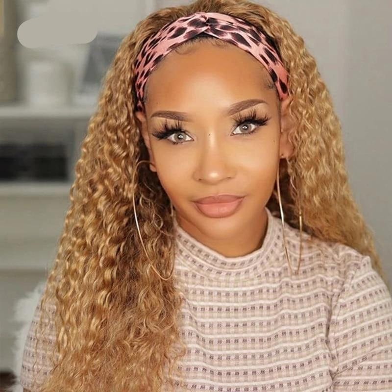 Zetvaa Natural Color / 28inches / 150 Density Honey Blonde Colored Afro Kinky Curly Silk Headband Wig Human Hair for Black Women Brazilian Curly Wigs for Black Women