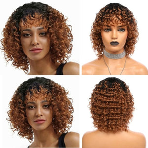 Zetvaa Ombre 99J Burgundy Afro Curly Bob Wigs Human Hair Brazilian Remy Glueless No Lace Front Deep Wave Machine Made Short Bob Wig