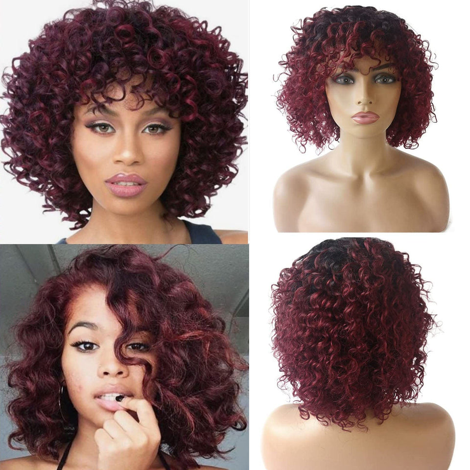 Zetvaa Ombre 99J Burgundy Afro Curly Bob Wigs Human Hair Brazilian Remy Glueless No Lace Front Deep Wave Machine Made Short Bob Wig