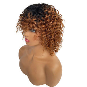 Zetvaa Ombre Brown Afro Curly Bob Wig Human Hair 1B/30 2 Tones None Lace Front Glueless Short Kinky Curly Full Machine Made Bob Wigs