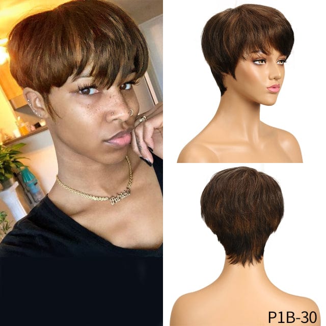 Zetvaa Short Human Hair Wigs Pixie Cut Straight Remy Brazilian Hair for Black Women Machine Made Highlight Color Cheap Glueless Wigs