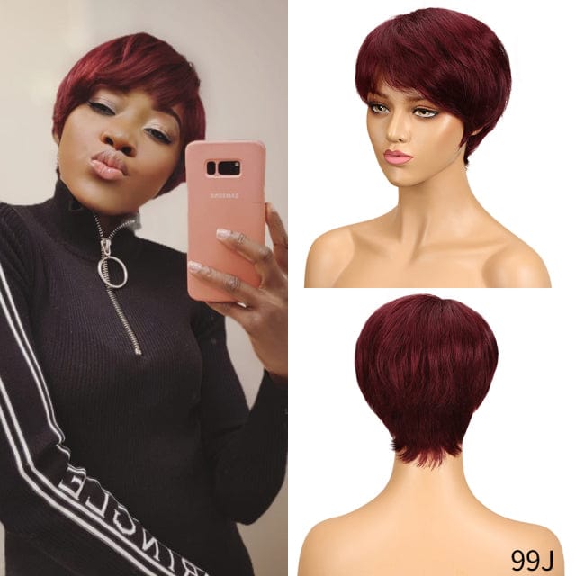 Zetvaa Short Human Hair Wigs Pixie Cut Straight Remy Brazilian Hair for Black Women Machine Made Highlight Color Cheap Glueless Wigs
