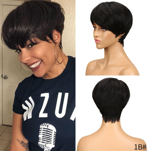 Zetvaa Short Human Hair Wigs Pixie Cut Straight Remy Brazilian Hair for Black Women Machine Made Highlight Color Cheap Glueless Wigs