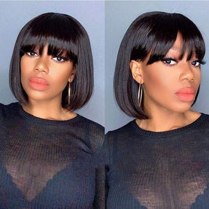 Zetvaa Straight Wig With Bangs Brazilian Fringe Bob Human Hair Wigs Remy Full Machine Made Human Hair Wigs For Women 8-32 Inch Wig