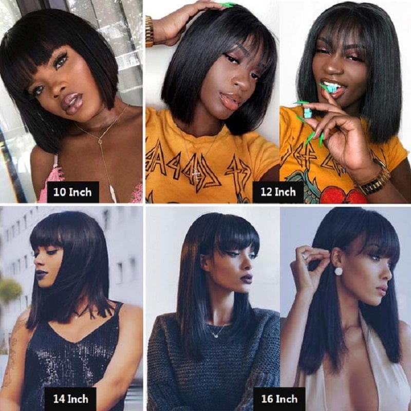 Zetvaa Straight Wig With Bangs Brazilian Fringe Bob Human Hair Wigs Remy Full Machine Made Human Hair Wigs For Women 8-32 Inch Wig
