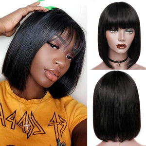 Zetvaa Straight Wig With Bangs Brazilian Fringe Bob Human Hair Wigs Remy Full Machine Made Human Hair Wigs For Women 8-32 Inch Wig