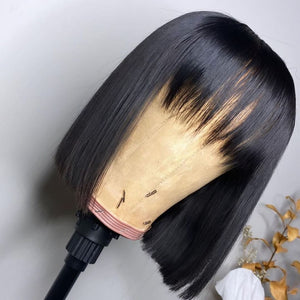 Zetvaa Straight Wig With Bangs Brazilian Fringe Bob Human Hair Wigs Remy Full Machine Made Human Hair Wigs For Women 8-32 Inch Wig