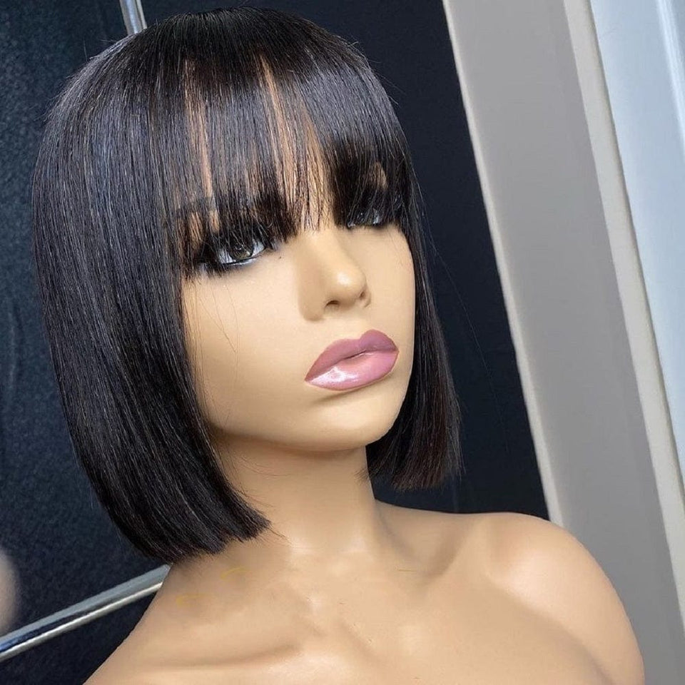 Zetvaa Straight Wig With Bangs Brazilian Fringe Bob Human Hair Wigs Remy Full Machine Made Human Hair Wigs For Women 8-32 Inch Wig