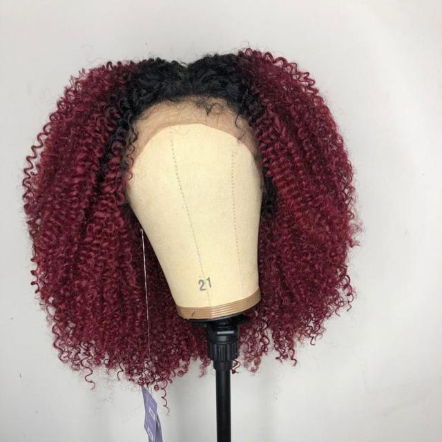 Zetvaa wig 1B Burgundy Color / 12inches / 150% 13x4 Lace Front Afro Kinky Curly Wig Honey Blonde 99J Red Black Wigs Pre Plucked Ombre Color Human Hair Wigs 150%