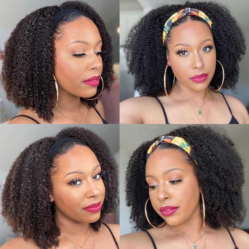 Zetvaa Wigs 16inches / Natural Color Short Bob Wig Kinky Curly Headband Wig Human Hair Curly Human Hair Wigs With Headband Wig Full Machine Remy Brazilian Wig